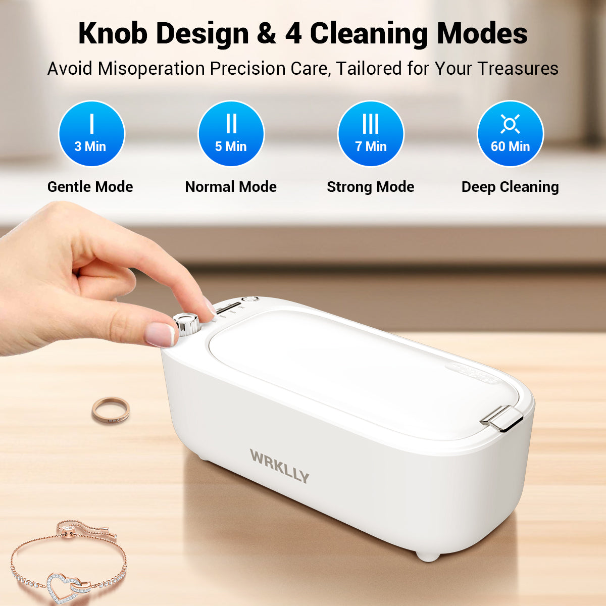 Wrklly UltraSonic Jewelry & Denture Cleaner – 50kHz, 14oz Tank, 4 Timed Cycles, Stainless Steel Interior