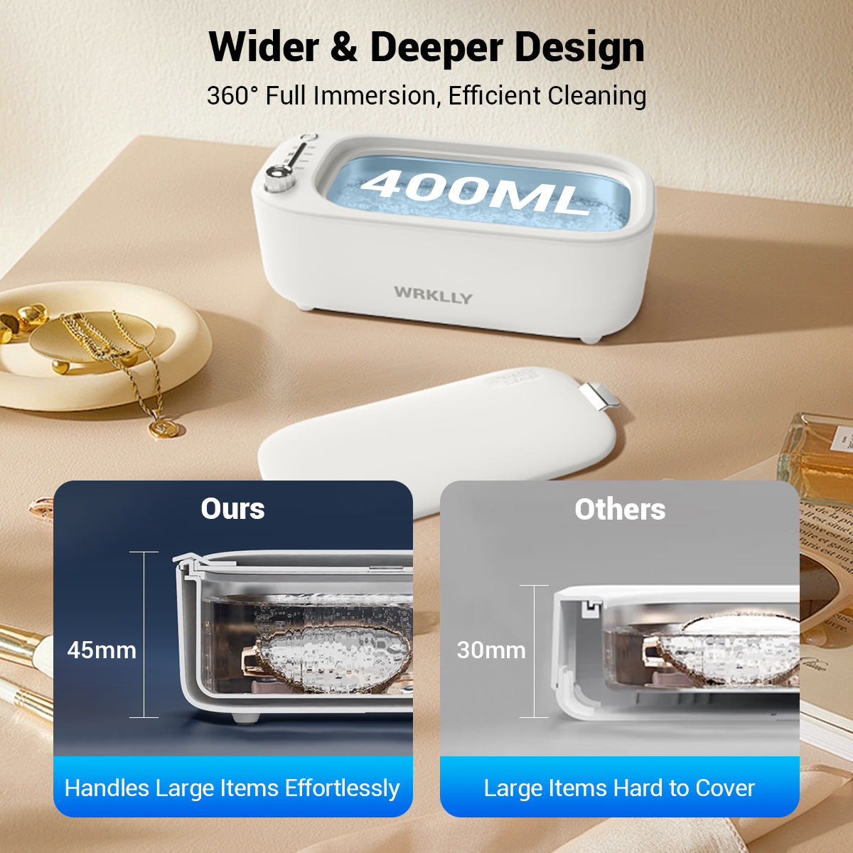 Wrklly UltraSonic Jewelry & Denture Cleaner – 50kHz, 14oz Tank, 4 Timed Cycles, Stainless Steel Interior